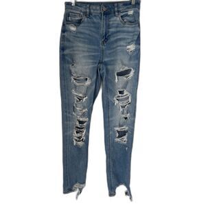 American Eagle Stretch Destructed Mom Jean Denim Blue Distressed Size 2R